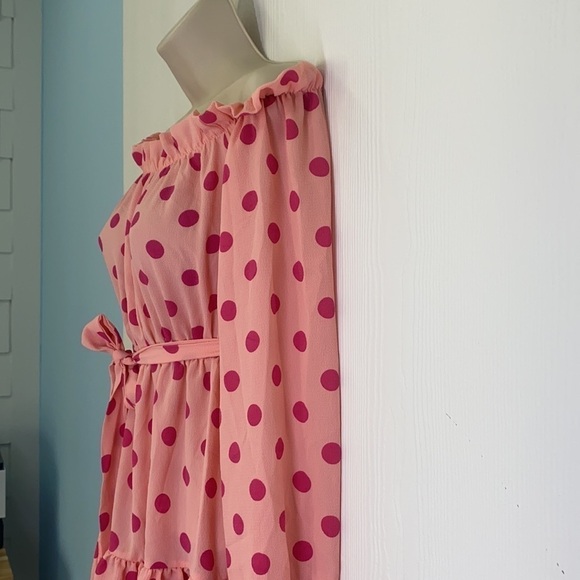 PrettyLittleThing- Dusty Pink Polka Dot Bardot Tie Waist Shift Dress Size 2 - Picture 8 of 13